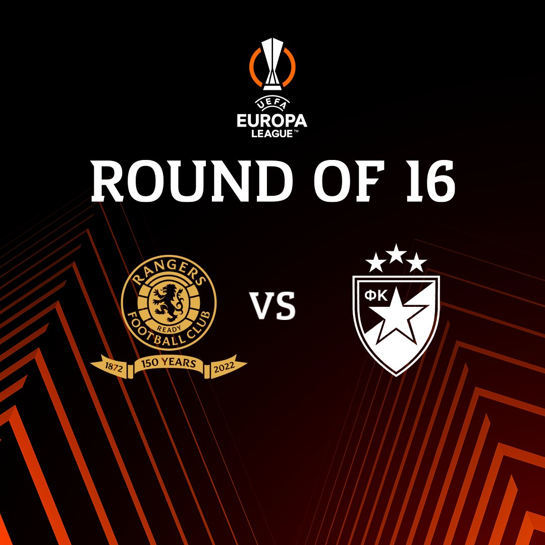 RangersFC's tweet photo. 🆕 We will face @crvenazvezdafk in the @EuropaLeague Round of 16.

#UEL | #UELdraw https://t.co/zX7lihU9XV