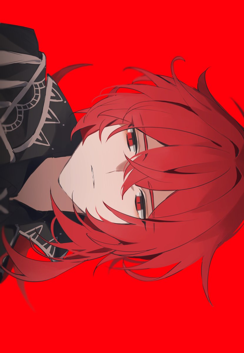 diluc (genshin impact) 1boy male focus red background red hair red eyes solo simple background  illustration images