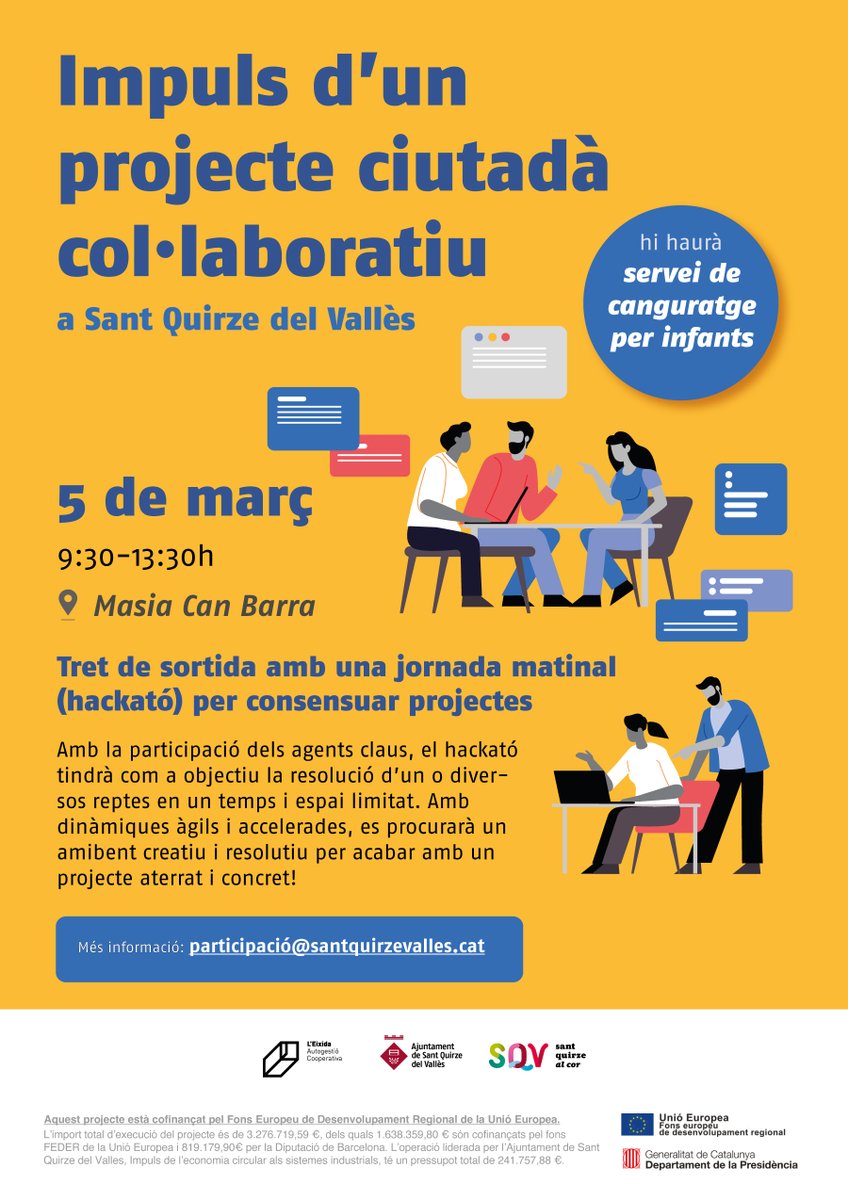 ajsantquirze's tweet photo. 💬 Crida a la ciutadania per impulsar un projecte ciutadà col·laboratiu a #SQV!

🗓️ 5 de març
⏰ 9.30 a 13.30
📍 Masia Can Barra

✍️👉 https://t.co/WEVTAYMOMJ

#Hackató #SQVparticipa https://t.co/pdGXSido33
