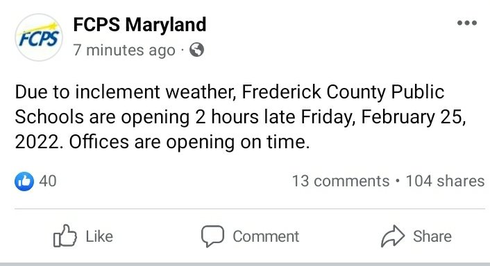 FYI ... FCPS is on a 2 hr delay today, Friday, February 25, 2022.
