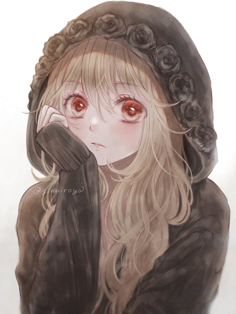 1girl hood solo red eyes long hair blonde hair black flower  illustration images