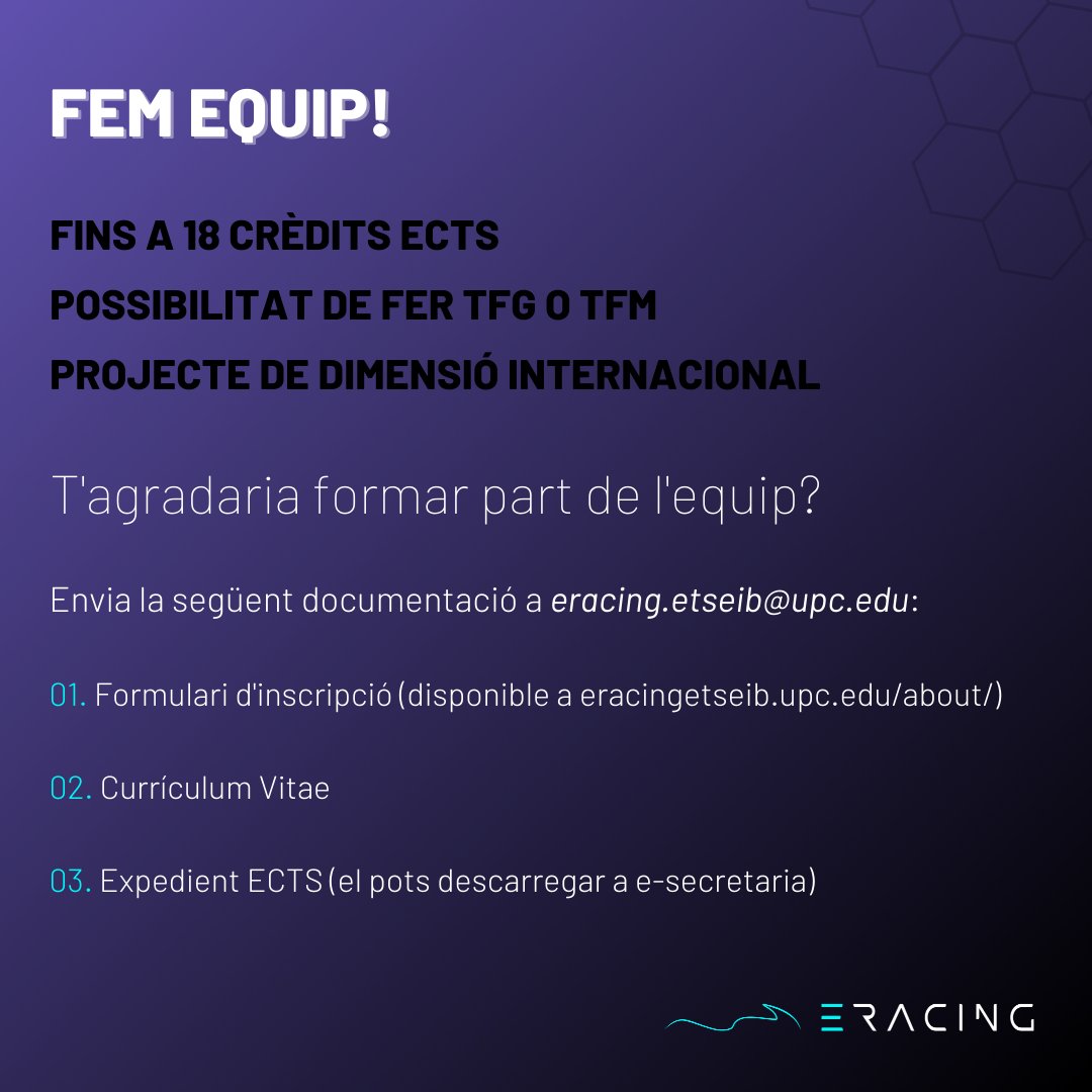 eracingetseib's tweet photo. 🚨 Last call!

Diumenge 27 a les 23.59h CET tanquem inscripcions.

No deixis escapar l'oportunitat de formar part del projecte.

Fem equip!⚡ https://t.co/1LrgbAXlaT