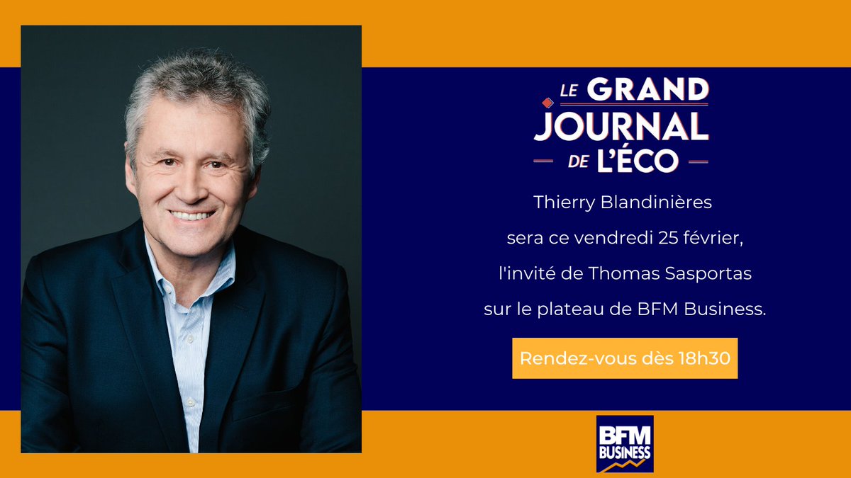 TBlandinieres's tweet photo. Je vous donne rendez-vous ce soir en direct sur @bfmbusiness 
Je serai l’invité de @TomSasportas pour le Grand Journal de l’Eco dès 18h30. https://t.co/2PPvw6J8op
