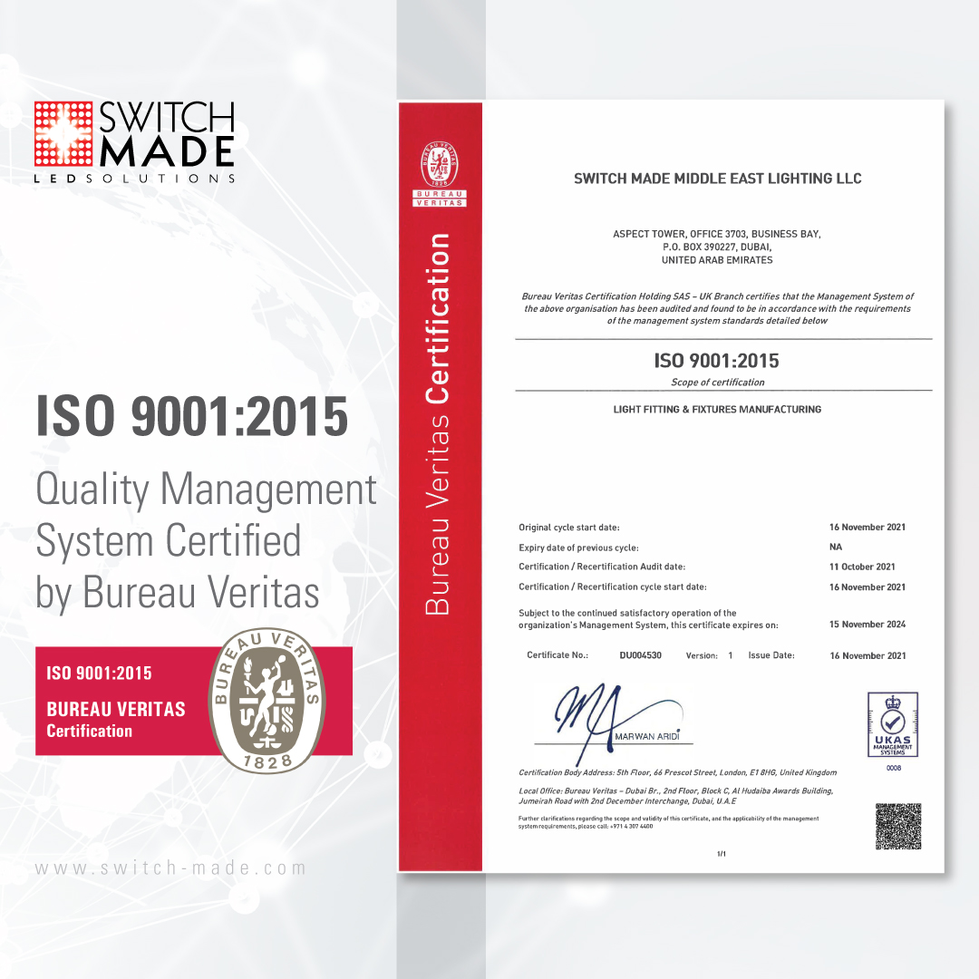 switchmadegroup's tweet photo. SWITCH MADE is now ISO 9001:2015 Quality Management System Certified by Bureau Veritas Certification Holdings SAS. #switchmade #isocertified #QualityManagementSystem #lightingdesign #ledlight #architecturedaily #lightingsolutions #lightingmanufacturer #ledlighting #lighting https://t.co/Q4eH4k5c29