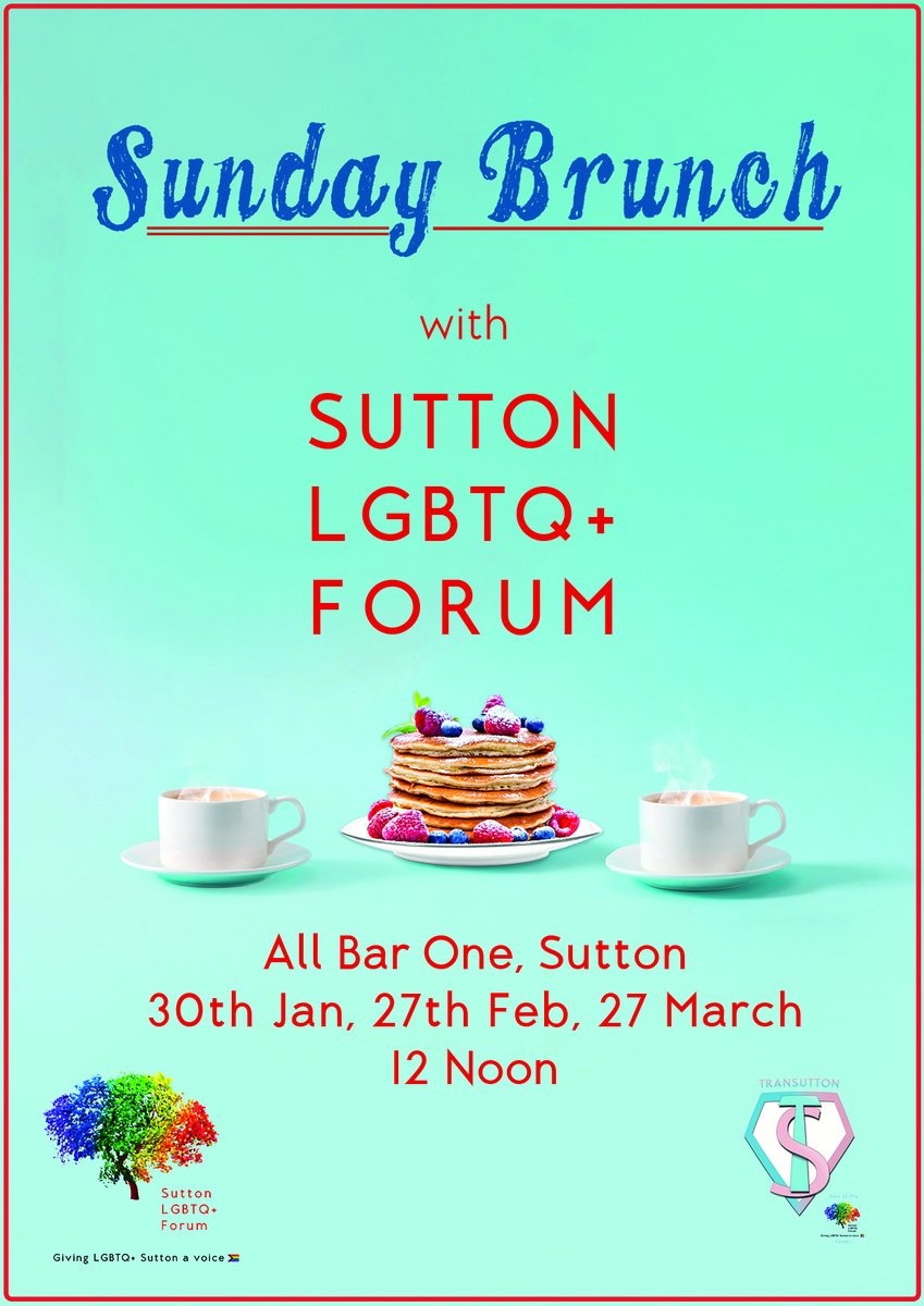 Join us this Sunday for Brunch at All Bar One Sutton. from 12 noon until 2.30 pm  
To book or get more information email us at contact@suttonlgbtq.org