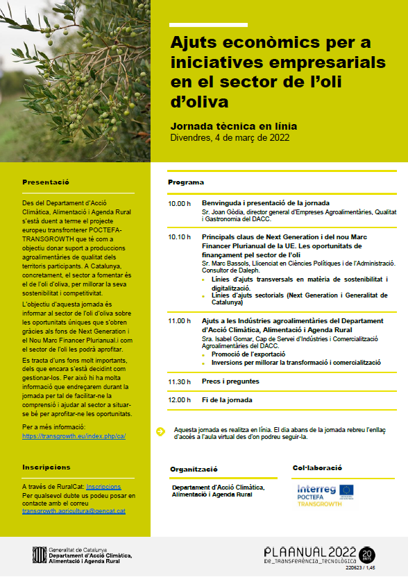 PTransgrowth's tweet photo. Us convidem a participar al nostre webinar "Ajuts econòmics per a iniciatives empresarials en el sector de l'oli d'oliva" per tal d'assabentar-vos de les novetats i les ajudes a les quals podeu accedir si us dediqueu al sector de l'oli d'oliva.

Enllaç: https://t.co/auCnbIERxQ https://t.co/pcDFWIf9NS