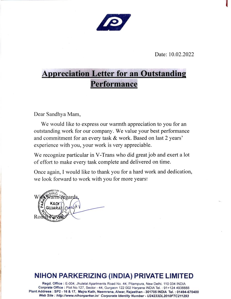 Your support makes all of our hard work worthwhile. At V-Trans we strive to surpass our customers' expectations and meet timelines. We are grateful to Nihon Parkerizing India Pvt Ltd. & assure you that you can always count on us for all your logistics needs. #customerappriciation