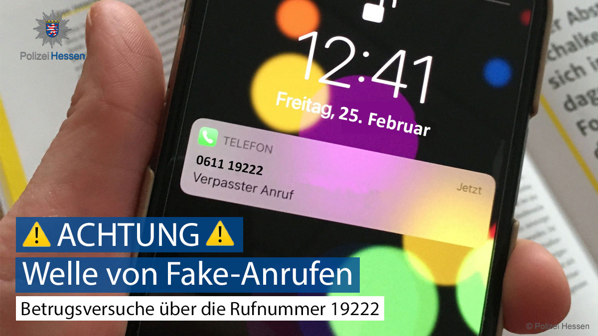 LKA_Hessen's tweet photo. ⚠️ Achtung ⚠️
Aktuell nutzen Betrüger die zentrale Rufnummer "-19222" von Leitstellen für Krankentransporte für Fake-Anrufe. Unser Tipp 💡 Auflegen!
Mehr Infos 👉 https://t.co/DKKb4X3wl7
#WirSindPolizei #PolizeiHessen #Prävention #FakeAnruf #Betrug https://t.co/eEehOFm7Sk