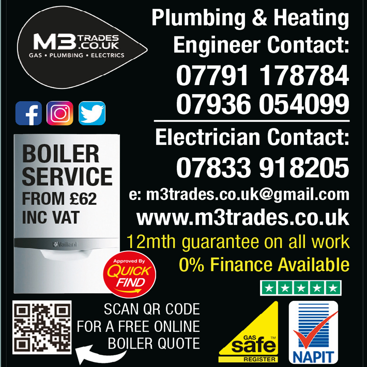 M3 Trades.co.uk experts in all aspects of plumbing and heating. With a boiler service from £62! they also come recommended by Quick Find Directories quickfinddirectories.co.uk/listing/m3-tra… #boilerservice #newboiler #gas #plumbing #electrics #drainage #carcharging