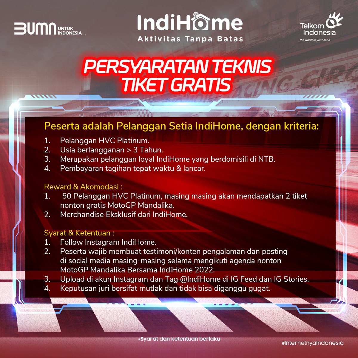 IndihomeJTD's tweet image. Kabar Gembira Buat Pelanggan Setia IndiHome Terpilih! 👩🏻‍❤️‍👨🏼 🎁

50 Pelanggan HVC Platinum akan merasakan atmosfer nonton balapan langsung MotoGP Mandalika melalui program “Experience MotoGP Mandalika with IndiHome”, pada 19-20 Maret 2022. 🎉🪄