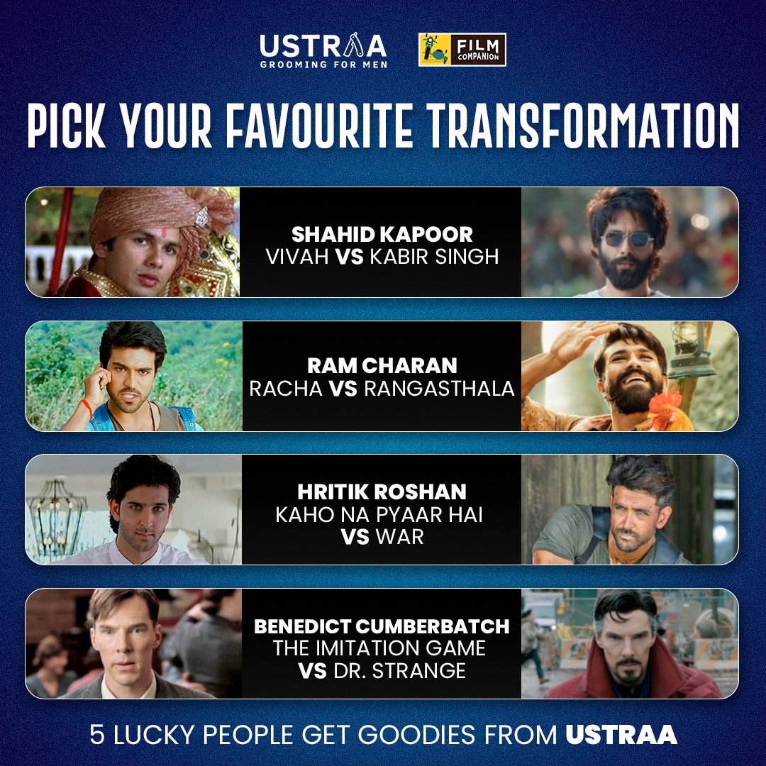 GIVEAWAY ALERT! Tell us whose transformation you became an instant fan of and 5 lucky winners get goodies from @theustraa. #FilmCompanion #Ustraa #Giveaway #Branded #Contest P.S. Make sure you’re following @FilmCompanion and @theustraa to be eligible. Good luck!