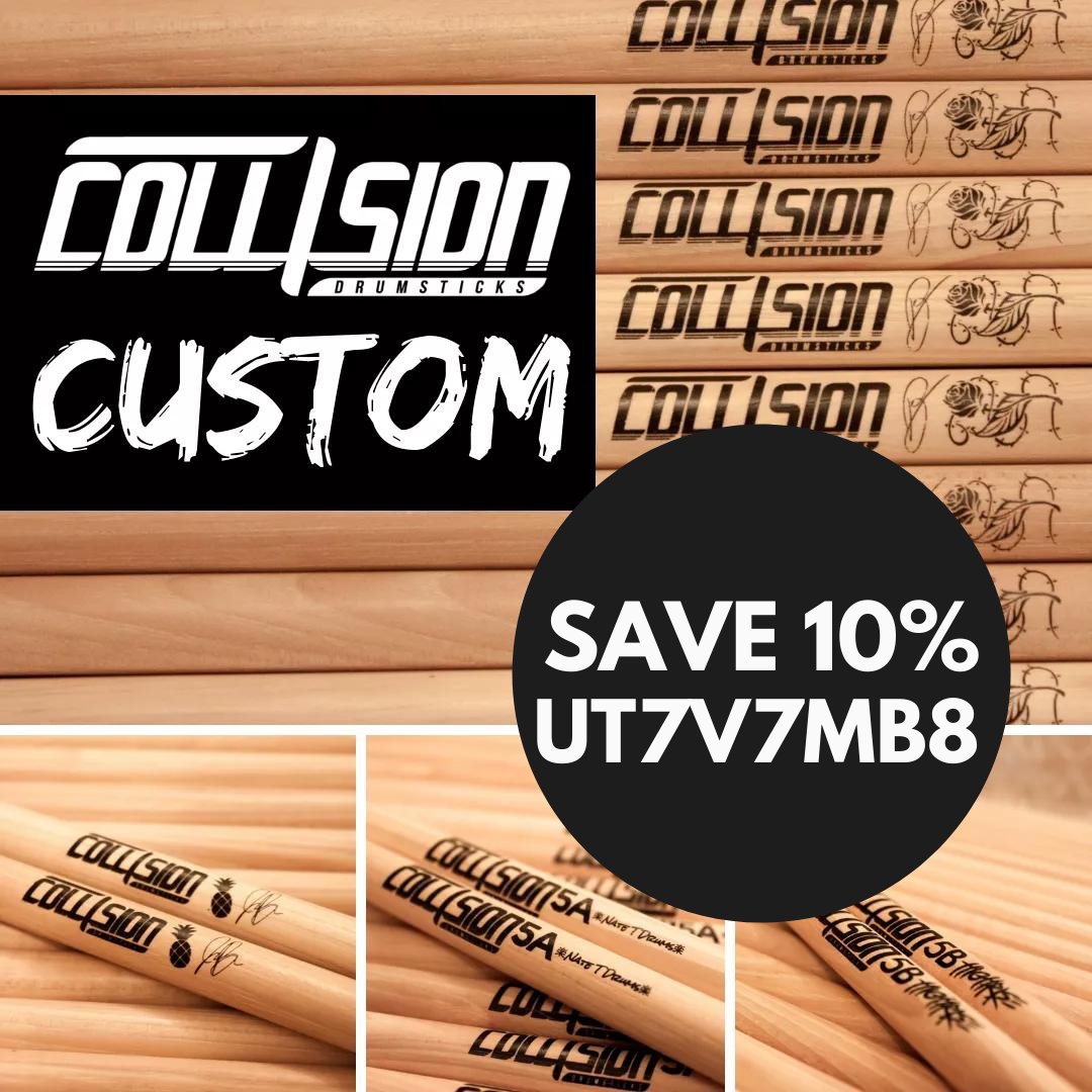 Roll up to the show and take out a pair of your very own custom @collisiondrumsticks like an absolute BOSS 🙌🏼🔥🥁

Want even more boss? SAVE 10% on all orders when you checkout atet eh collision online store.

Cheers, Josh (a.k.a. boss)