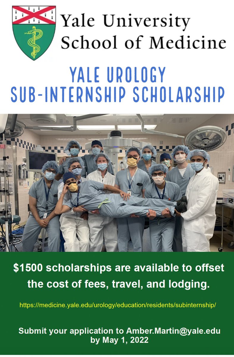 Yale Urology (@yale_urology) on Twitter photo Sub-Internship Scholarships are available <a href="/Yale_Urology/">Yale Urology</a>! Apply by May 1, 2022. More information available tinyurl.com/YUSubIScholars… Sub-Internship Scholarships are available <a href="/Yale_Urology/">Yale Urology</a>! Apply by May 1, 2022. More information available tinyurl.com/YUSubIScholars…