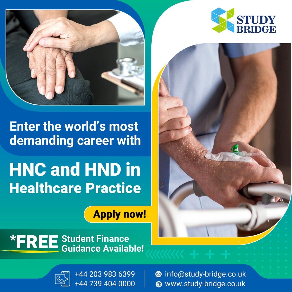 bridge_study's tweet image. Pursue your career in the healthcare sector and enhance your practical skills and clinical knowledge.
Apply now!

#studybridge #studyinuk #london #uk #education #graduation #career #guidance #hnd #healthcarepractice #hnc #college #studentfinance #studentsupport #consultation