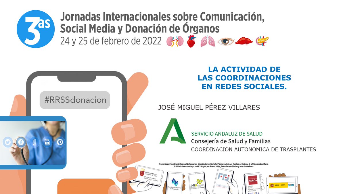 En estos momentos José Miguel Pérez Villares, coordinador autonómico de #trasplantes de #Andalucía está presentando la actividad de <a href="/A_Trasplantes/">Coordinación Autonómica Trasplantes Andalucia</a>  en Redes Sociales
Jornadas Internacionales sobre Comunicación, Social Media y Donación de Órganos
<a href="/saludand/">Consejería de Sanidad, Presidencia y Emergencias</a> <a href="/ONT_esp/">Organización Nacional de Trasplantes</a> <a href="/semicyuc/">SEMICYUC</a>