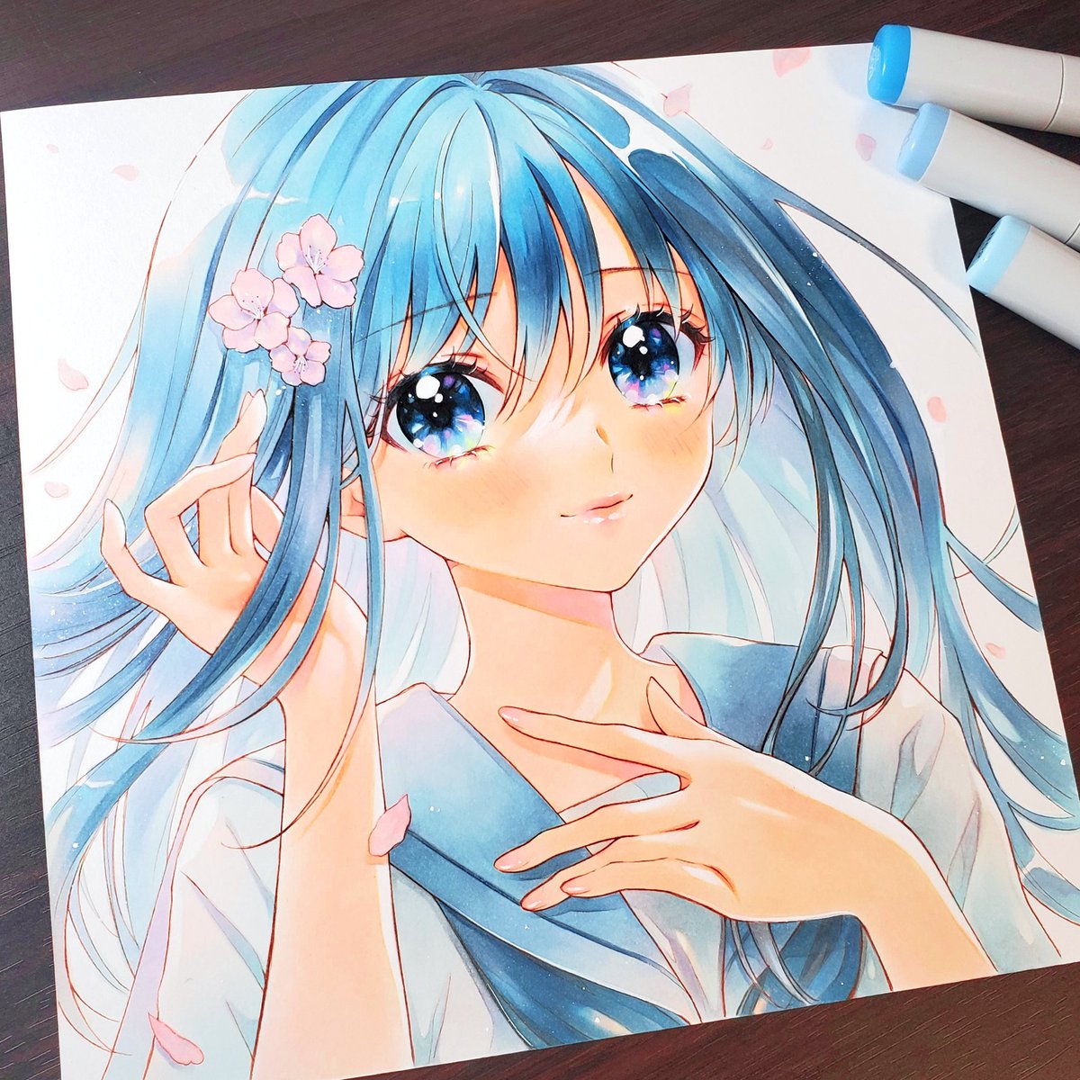 1girl solo blue eyes traditional media blue hair hair flower flower  illustration images