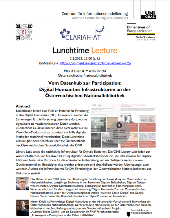 Join us next Wednesday to discover the #ONBLabs! 
Online lunchtime lecture by <a href="/maxkaiser/">Max Kaiser</a> and <a href="/MartinKrickl/">Martin Krickl</a> (<a href="/ONB_RD/">ONB  R&D</a>): "Vom Datenhub zur Partizipation: Digital Humanities Infrastrukturen an der Österreichischen Nationalbibliothek" - Info: static.uni-graz.at/fileadmin/gewi…