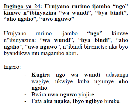 verbacollection's tweet photo. The syntagm containing the word “ngo” and the pronouns “wa wundi”, “bya bindi”, “aho ngaho”, “uwo nguwo” and others of the same structure, are written in two words.

#learninglanguages #languagelearning #Kinyarwanda #linguistics https://t.co/i38YC21NqF
