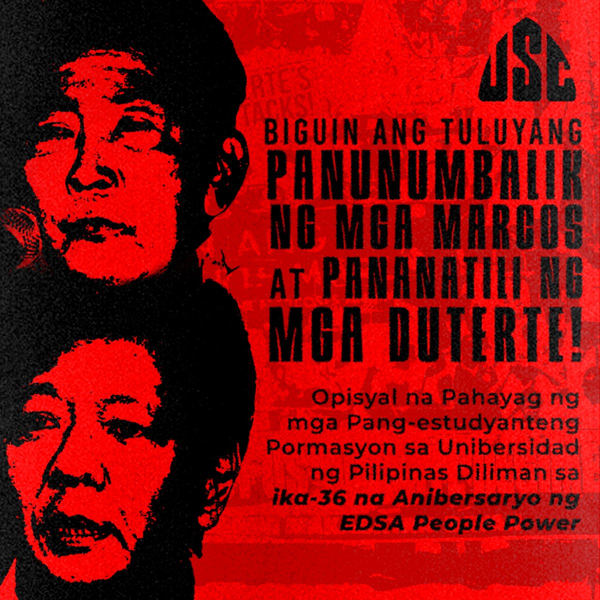 USCUPDiliman's tweet photo. #EDSA36 | Opisyal na Pahayag ng mga Pang-estudyanteng Pormasyon sa Unibersidad ng Pilipinas Diliman sa ika-36 na Anibersaryo ng EDSA People Power! ✊

Basahin ang buong pahayag dito: https://t.co/1TPkJ0ieDd
#NoToMarcosDuterte2022 https://t.co/cZioLDyuq3