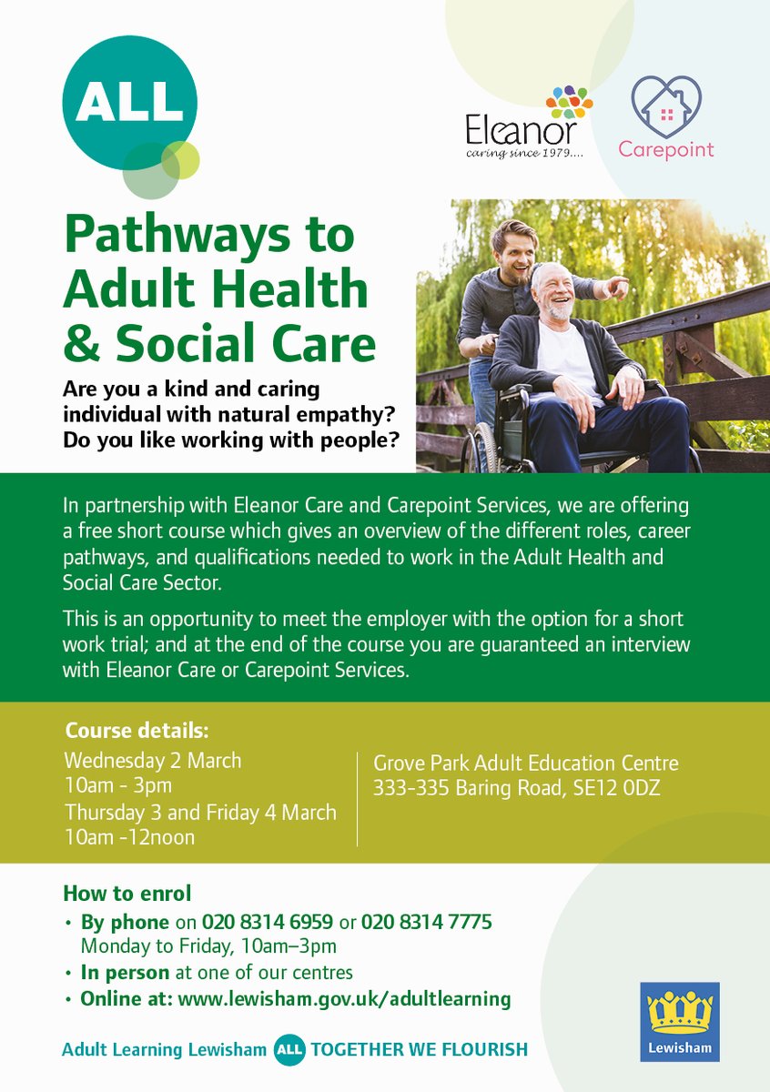 We've partnered with <a href="/carepointserv/">carepointservices</a> &amp; <a href="/LewishamCouncil/">Lewisham Council</a> offering a free short course! 

Find out about pathways into social care, qualifications and finish the course with a guaranteed interview with us or Carepoint!

We look forward to seeing you there!

#socialcare #Eleanorcares
