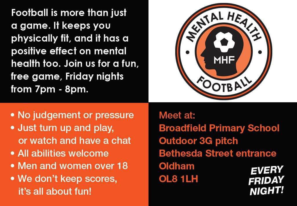 MHF_Oldham's tweet image. It's MHF Friday! ⚽

Join us at 7pm tonight for a game with no pressure or expectations. You can play, or watch and have a chat with a great group of friendly, welcoming people.

#MentalHealthAwareness #PeerSupport