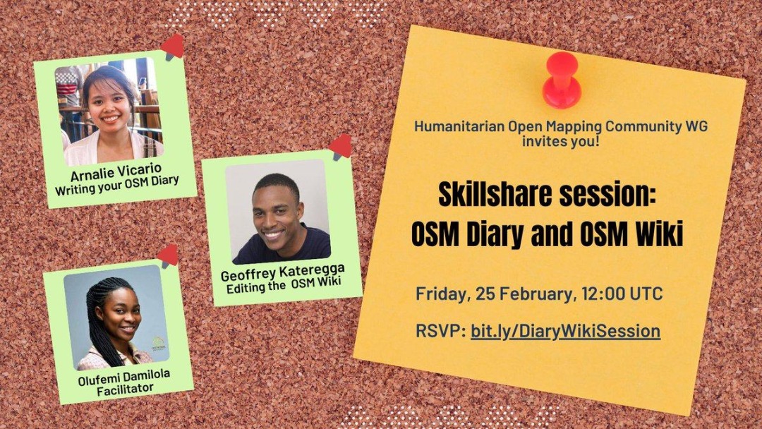 OSMGhana's tweet image. Happening now!!!
Skillshare session on writing your #OSMDiary & editing #OSMWiki!
Register: bit.ly/DiaryWikiSessi…
It will be recorded & live-streamed via 
@hotosm youtube channel.
See u on 25Feb, Friday @ 1200 UTC