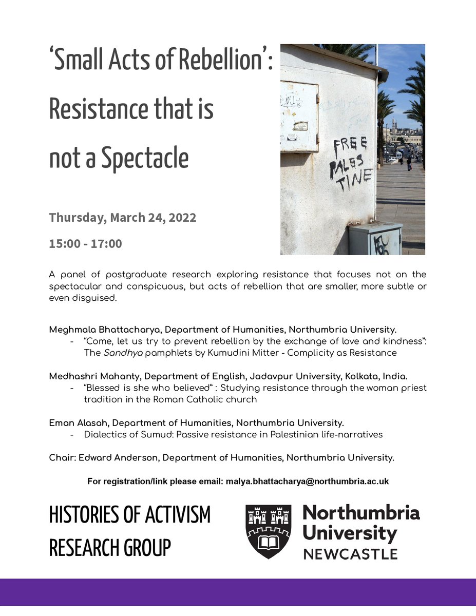 Edward Anderson (@edanderson101) on Twitter photo 'Small Acts of Rebellion: Resistance that is not a Spectacle' - an exciting panel of postgraduate research on Thursday 24 March. Organised by my fantastic PhD student, Malya Bhattacharya, and hosted by the Histories of Activism Research Group <a href="/NorthumbriaHist/">Northumbria History</a>. Do join us! 'Small Acts of Rebellion: Resistance that is not a Spectacle' - an exciting panel of postgraduate research on Thursday 24 March. Organised by my fantastic PhD student, Malya Bhattacharya, and hosted by the Histories of Activism Research Group <a href="/NorthumbriaHist/">Northumbria History</a>. Do join us!