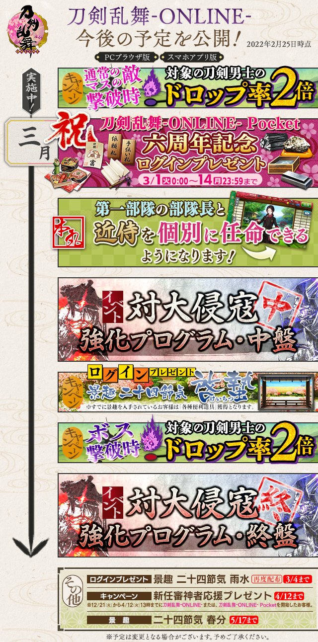 刀剣乱舞online 運営 今後の予定公開 3月の今後の予定を公開いたします 詳細および3月以降の予定は改めてお知らせしてまいります 引き続き 刀剣乱舞 Online をよろしくお願いいたします 刀剣乱舞 とうらぶ T Co Qsoslhisfy Twitter 刀剣乱舞online 運営 今後の予定公開 3月の今後の予定を公開いたします 詳細および3月以降の予定は改めてお知らせしてまいります 引き続き 刀剣乱舞 Online をよろしくお願いいたします 刀剣乱舞 とうらぶ T Co Qsoslhisfy Twitter