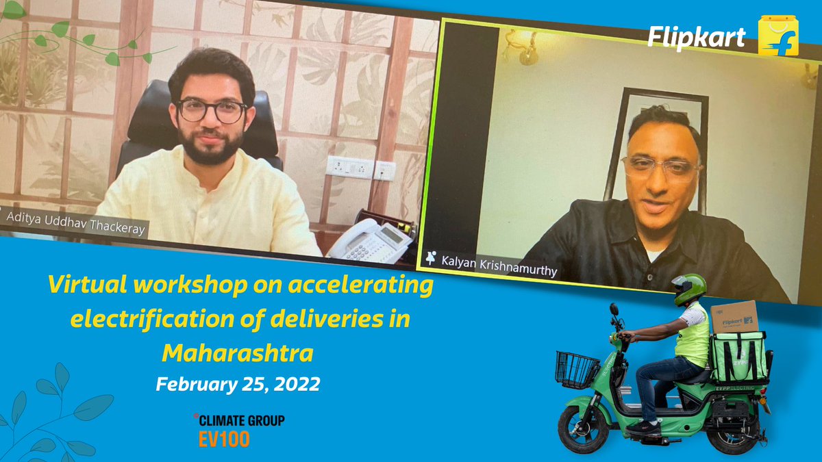 Kalyan Krishnamurthy (@_kalyan_k) on Twitter photo Proud that <a href="/Flipkart/">Flipkart</a> is India’s first e-commerce company to commit to transitioning 100% of our last-mile fleet to EVs by 2030.
<a href="/CMOMaharashtra/">CMO Maharashtra</a> <a href="/AUThackeray/">Aaditya Thackeray</a> We welcome the state's support for our mission to create shared value sustainably & responsibly.
#EV100 <a href="/ClimateGroup/">Climate Group</a> Proud that <a href="/Flipkart/">Flipkart</a> is India’s first e-commerce company to commit to transitioning 100% of our last-mile fleet to EVs by 2030.
<a href="/CMOMaharashtra/">CMO Maharashtra</a> <a href="/AUThackeray/">Aaditya Thackeray</a> We welcome the state's support for our mission to create shared value sustainably & responsibly.
#EV100 <a href="/ClimateGroup/">Climate Group</a>