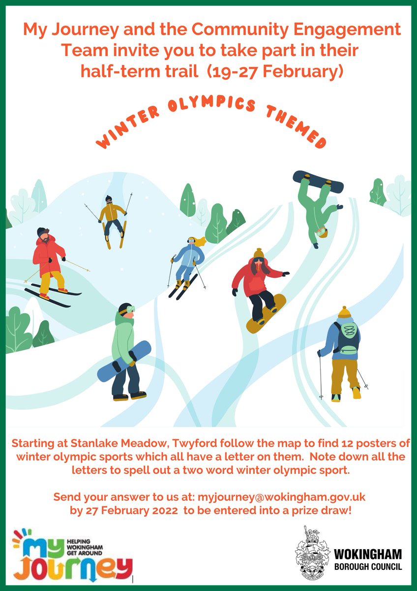 This weekend is the last chance to get outside and take part in the <a href="/MJWokingham/">My Journey Wokingham</a> #WinterOlympics themed trail❄️⛷🛷⛸🏂 around #Twyford starting at Stanlake Meadows. One lucky winner will be in with the chance of winning a £25 Decathlon voucher - good luck!! <a href="/RG10mag/">nikki@rg10mag</a> <a href="/twyford_pc/">Twyford PC</a>