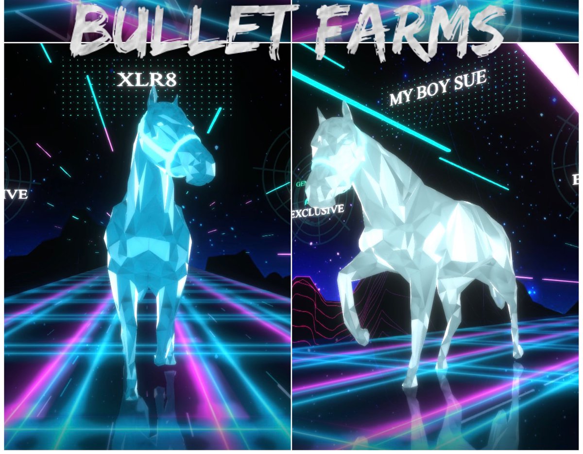 XLR8 &amp; My Boy Sue now standing for Bullet Farms on Zed! <a href="/zed_run/">zed_run</a> @SunnyDaysStable <a href="/_ZombieRacing/">ZombieRacing ~☠️~</a> @_BRUNETTl @NewsbyBStables @JayZedRun 

XLR8- .0375 (roughly $100usd)
knowyourhorses.com/horses/49219/h…

zed.run/49219/select-m…

My Boy Sue- .162 (roughly $43usd)
zed.run/30950/select-m…