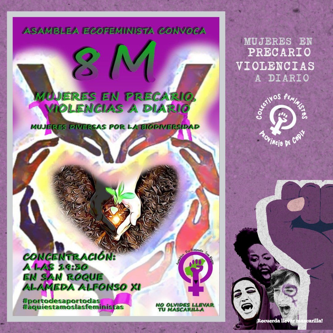 Aquí os dejamos el cartel con la convocatoria de Concentración el 8M en SAN ROQUE A LAS 19,30 H en  Alameda Alfonso XI   💜
#8M2022  #FeministasCádiz
#MujeresEnPrecarioViolenciasADiario
#FeministasDiversasUnidasYEnLucha
#PortodesyAPorTodas
#AquíEstamosLasFeministas
