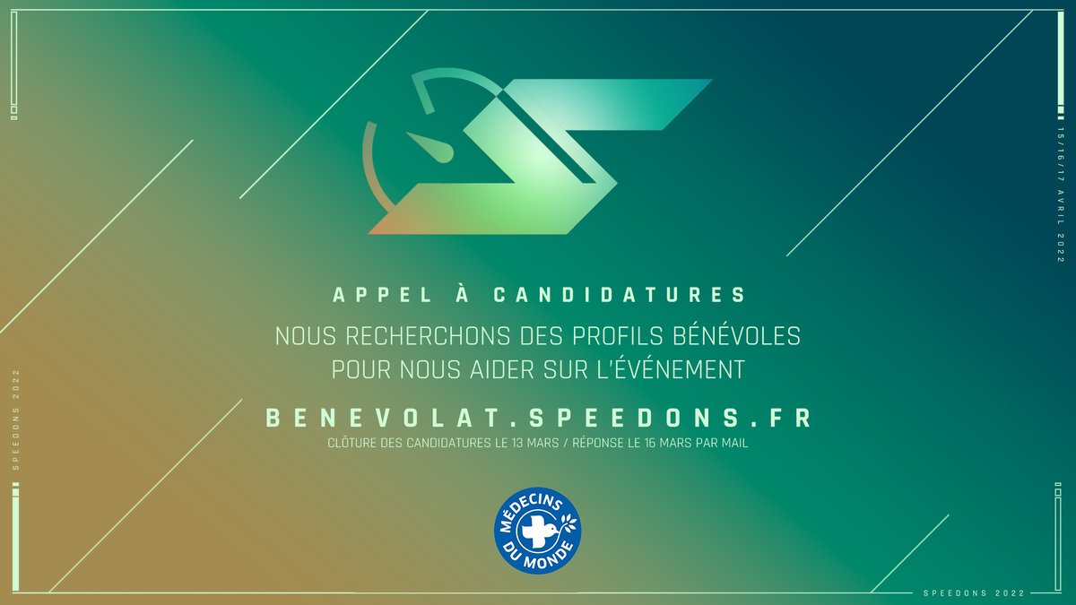 SpeeDonsFR's tweet photo. Bonjour à toutes et à tous !

Nous sommes à la recherche de bénévoles pour #SpeeDons2022.

Si jamais vous êtes intéressé(e), n'hésitez pas à vous rendre sur le formulaire ci-dessous :
https://t.co/w2fImtWnhP

Cloture des candidatures le 13/03.

Merci pour votre soutien ! https://t.co/kPYNtjwar9