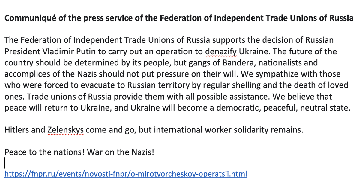 EUraTol's tweet photo. To its shame the #Russian trade union federation FNPR (Федерация Независимых Профсоюзов России - #ФНПР ) reverts fully to its Leninist transmission belt role, repeating Putin's lying claim about a denazification operation in #Ukraine
https://t.co/BO4iQENyW7 https://t.co/OzSoF5xFRH