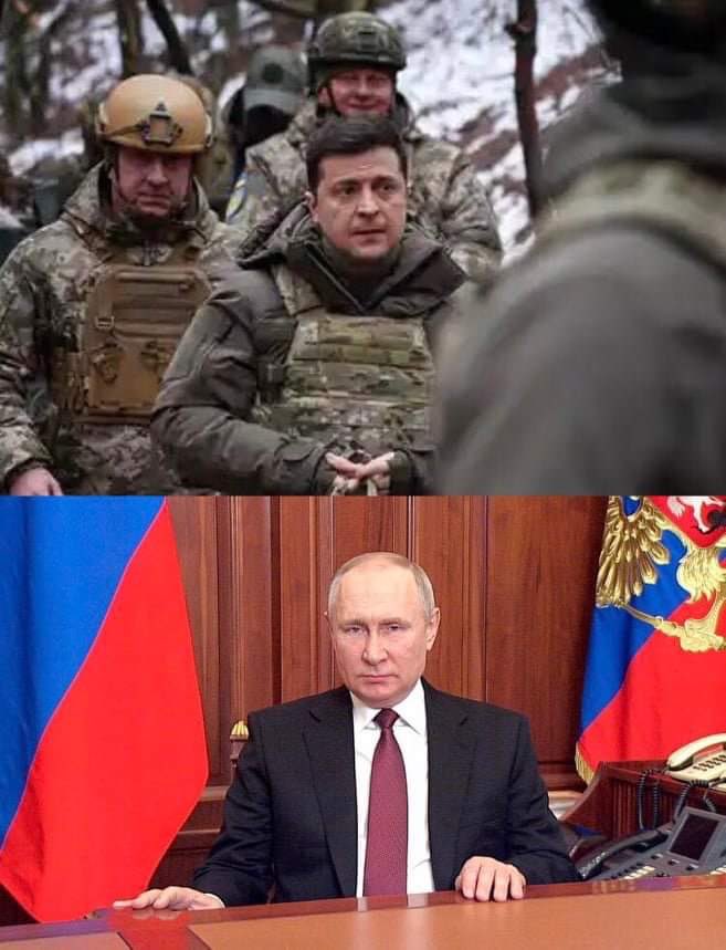 A stark contrast in leadership: one who is defending his country while the other sends soldiers to kill and die and spouts nonsense from his comfortable bunker. #IStandWithUkraine