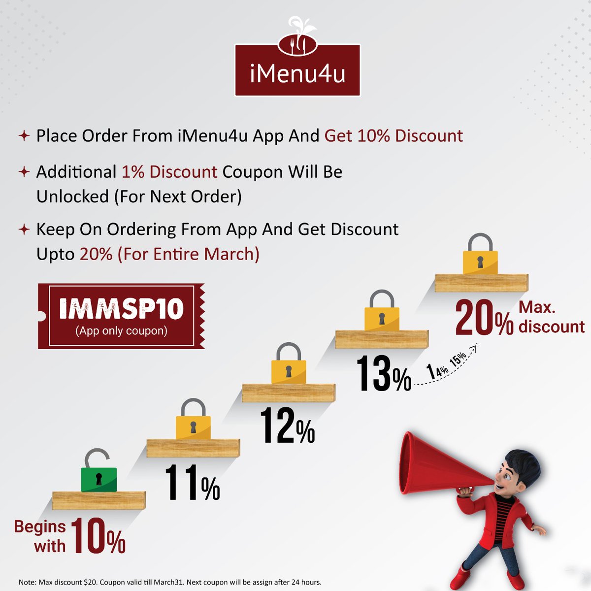 iMenu4u's tweet image. Every time you order food from the iMenu4u App, you get a 1% increment on the base 10% discount which means you get more deliciousness for less. Lest time runs out, keep ordering from the iMenu4u App and partake more for less.

Order Food Now : imenu4u.com/download.html

#Imenu4u