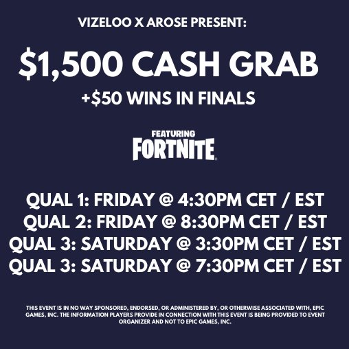 VIZELOO X AROSE $1,500 CASH GRAB + $50/WIN SELECTING ONE PERSON TO GO TO FINALS: - RETWEET - @ YOUR DUO Join: rematch.gg/fn/scrims