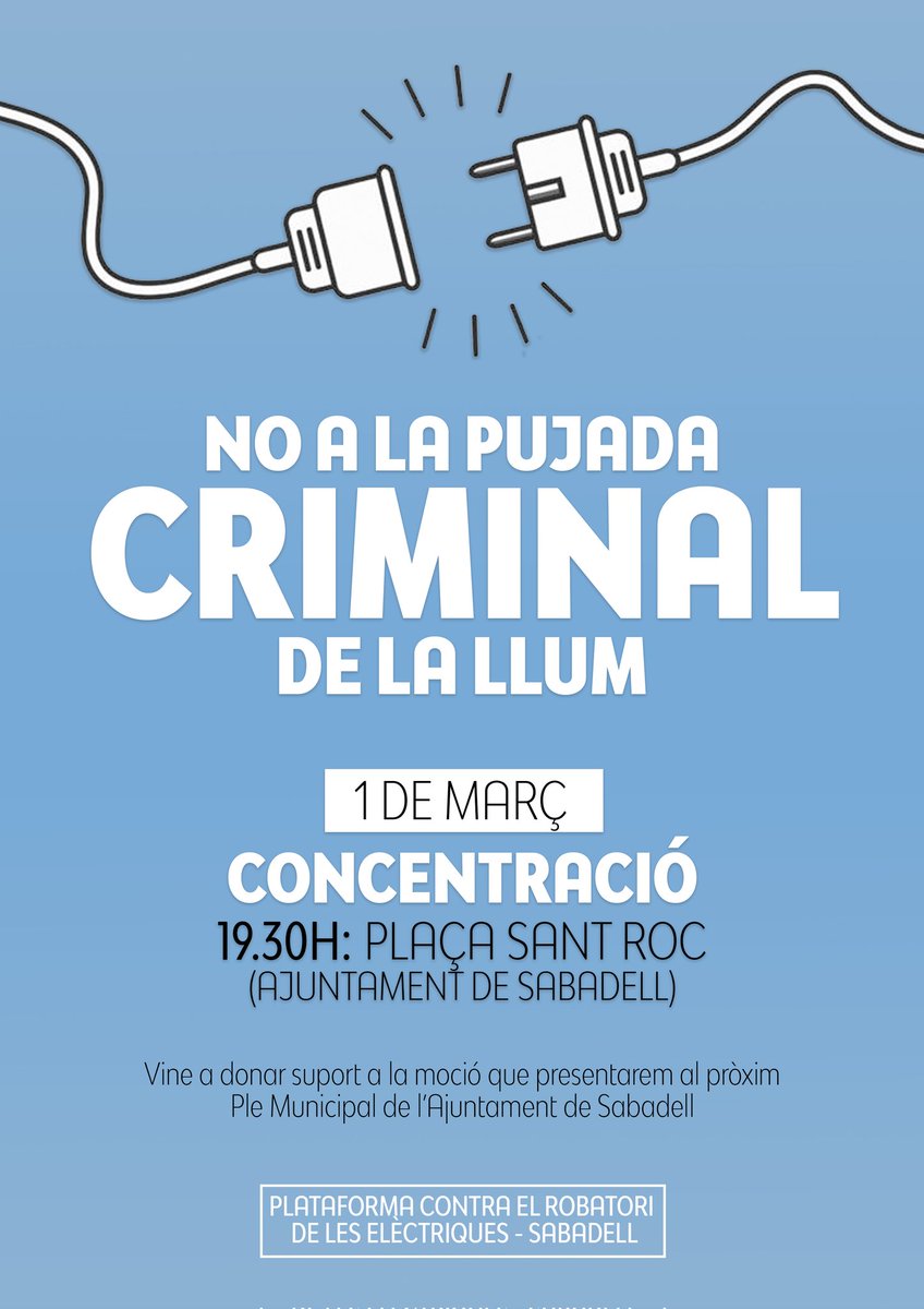 Concentració a l'ajuntament per donar suport a  la moció contra la pujada de la llum

📅1 de març
🕖19:30h

Nacionalitzem les elèctriques