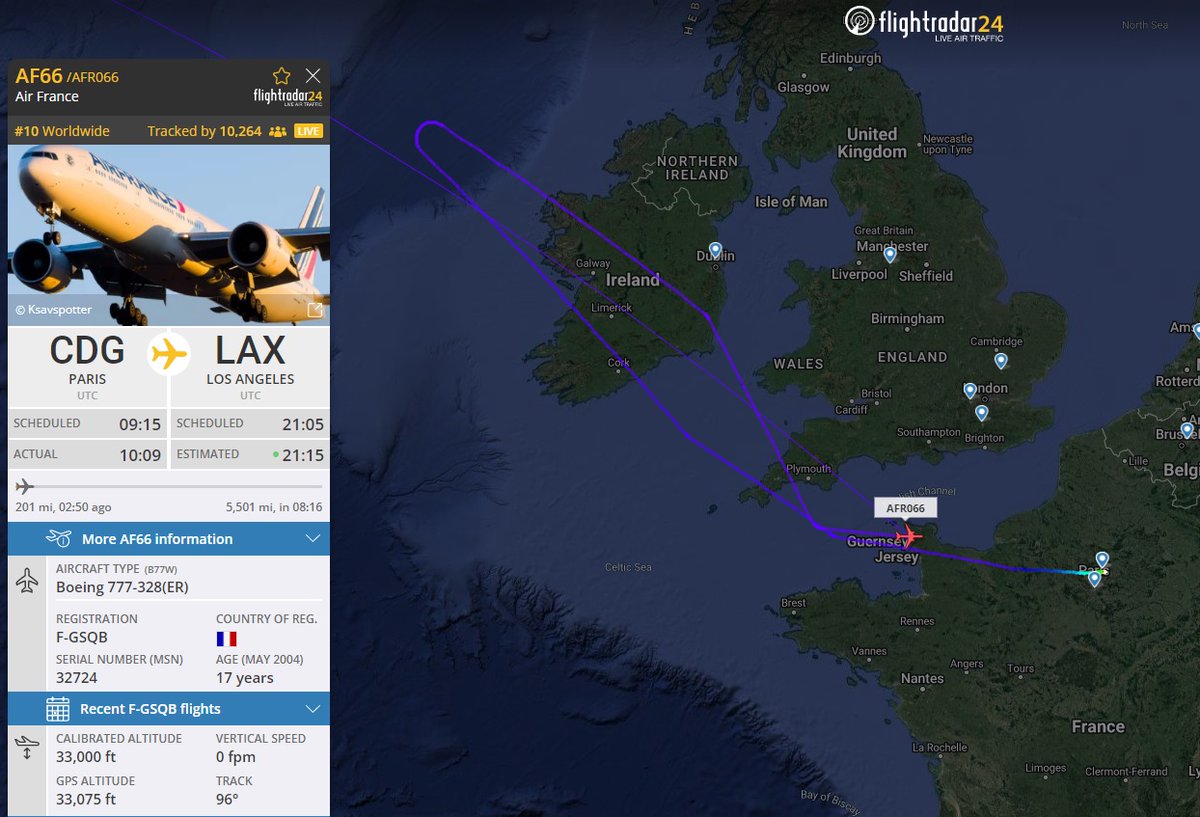 AirportWebcams's tweet image. LIVE / INCIDENT: Air France #AF66 Paris CDG to Los Angeles LAX (Boeing 777-300ER F-GSQB) turned back NW of Ireland &amp;amp; squawked 7700 General emergency over the English Channel. Returning to CDG. Reason not yet known.
Track: flightradar24.com/AFR066/2aef69a8