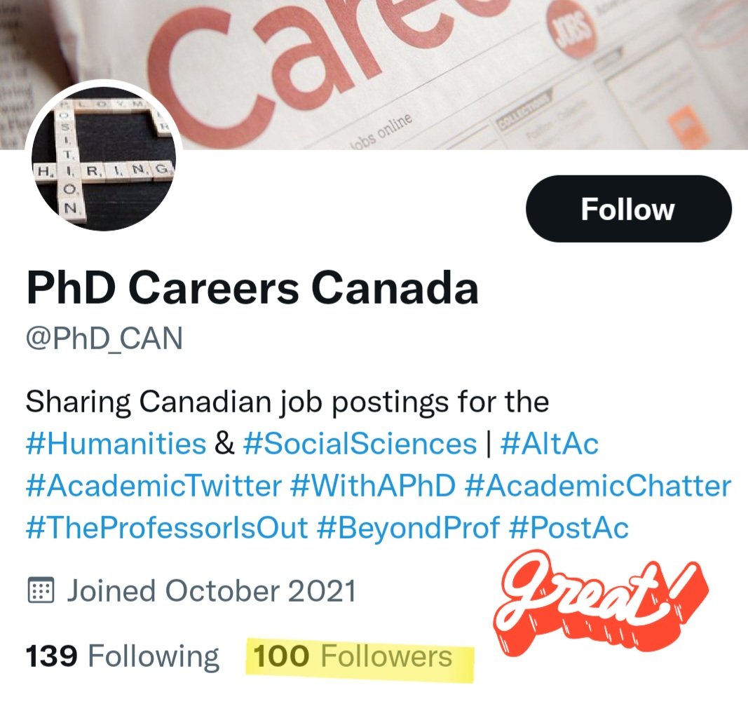 PhD_CAN's tweet photo. ‼️ 100 followers! 🥳

#AltAc #AcademicTwitter #WithAPhD #AcademicChatter #TheProfessorIsOut #BeyondProf #PostAc

Please spread the word so we can keep connecting academics to careers and jobs outside the academy! https://t.co/jvCkxqsMBZ