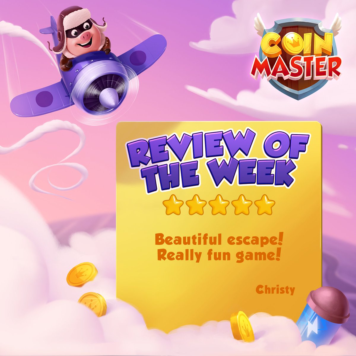 CoinMasterGame's tweet photo. We’re over the clouds ☁️ with joy reading what you think of the game! 😍
We can’t wait to read more! Review us now! ⭐️ ⭐️⭐️⭐️⭐️→  https://t.co/vbsM3CMKQo https://t.co/hIiRPTQFVU