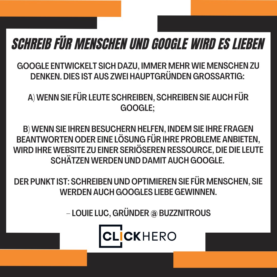 CLICKHEROS's tweet image. Schreibe nicht nur für die Suchmaschine, sondern für die Menschen, also deine Leser/ Kunden/ Interessenten und auch Google wird es lieben.

#Clickhero #Googlesuche #OnlineMarketing #SEO #ContentMarketing #Linkbuilding