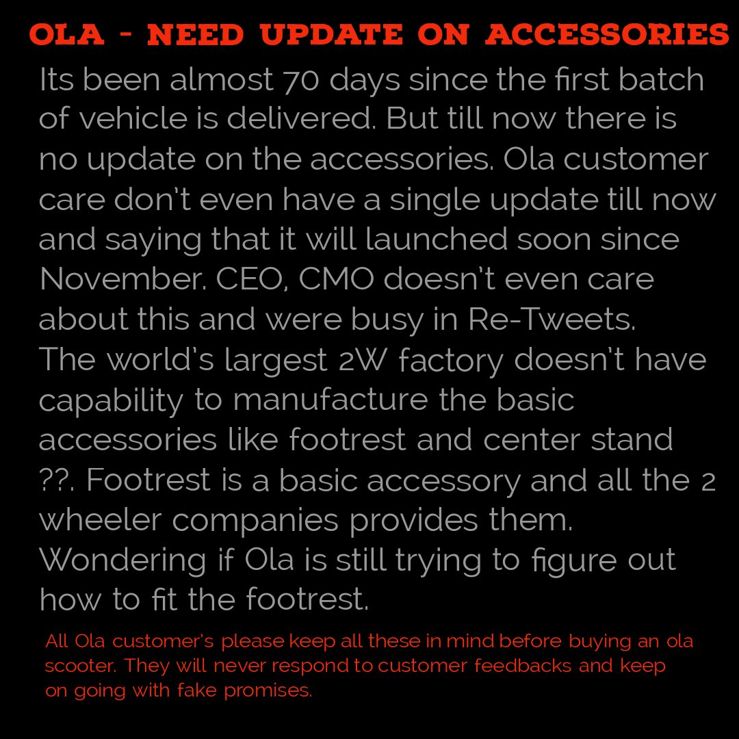 surenmoh's tweet image. @OlaElectric @varundubey @bhash Please provide update on the accessories, your job is not done just by delivering the scooter. Why there is no response from your side ? Will never recommend ola to any of my friends if this continues. #olaaccessories #needanupdate