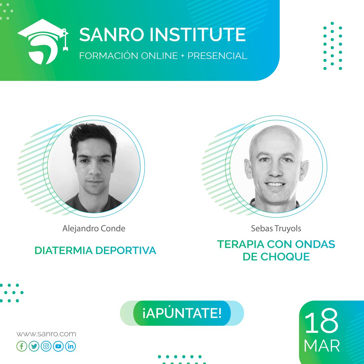 SANRO Electromedicina (@sanro_oficial) on Twitter photo 📣El próximo 18 de marzo📆continuamos con las Jornadas de #FisioterapiaAvanzada de #SanroInstitute
➡️#Diatermia Deportiva⛹🏼por <a href="/alejandroconde9/">Alejandro Conde</a>🔝
🕒10:00 a 14:00
📍Sanro Electromedicina
➡️#Terapia con #OndasDeChoque🌀por #SebasTruyols🔝
🕒15:00 a 19:00
📍Sanro Electromedicina 📣El próximo 18 de marzo📆continuamos con las Jornadas de #FisioterapiaAvanzada de #SanroInstitute
➡️#Diatermia Deportiva⛹🏼por <a href="/alejandroconde9/">Alejandro Conde</a>🔝
🕒10:00 a 14:00
📍Sanro Electromedicina
➡️#Terapia con #OndasDeChoque🌀por #SebasTruyols🔝
🕒15:00 a 19:00
📍Sanro Electromedicina