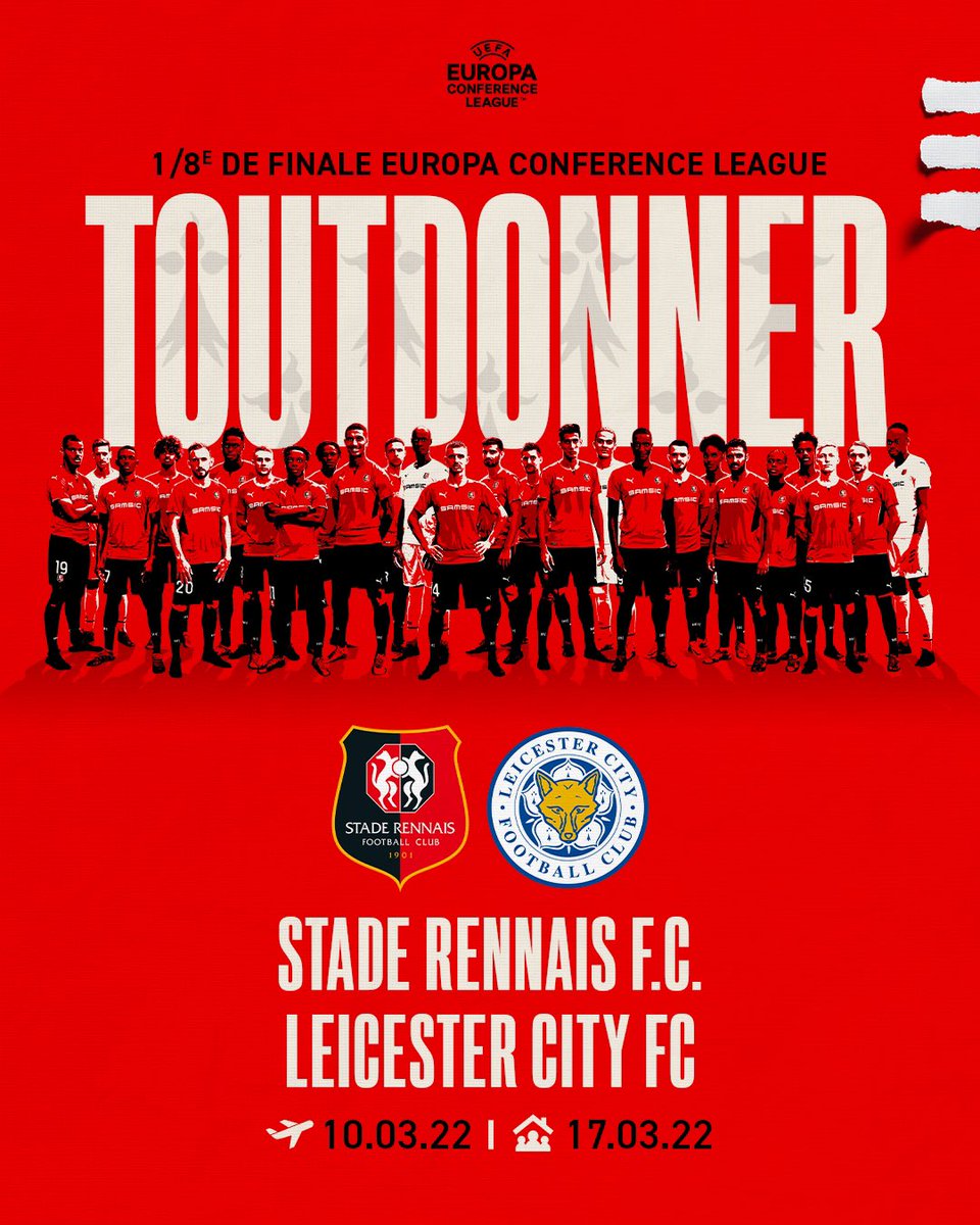 3 ans après un match Rennes - Arsenal en 1/8eme de finale d’Europa League, qui reste encore dans nos mémoires pour cette ambiance exceptionnelle au Roazhon Park, le <a href="/staderennais/">Stade Rennais F.C.</a> retrouve un club anglais, Leicester FC, en 1/8eme de #UECL 
RDV le 17 mars 
#toutdonner