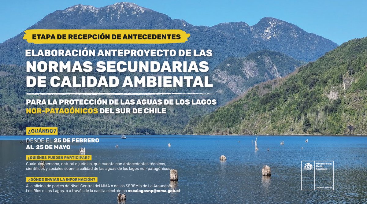 MMAChile's tweet photo. 📢¡Atención! Participa en la entrega de antecedentes para la primera Norma Secundaria de Calidad Ambiental #NSCA macrozonal para la protección de los #LagosNorPatagónicos.
🗓️ Hasta el 25 de mayo.
📩 Envía un correo con antecedentes a nscalagosnp@mma.gob.cl https://t.co/fl511Tu1Ta