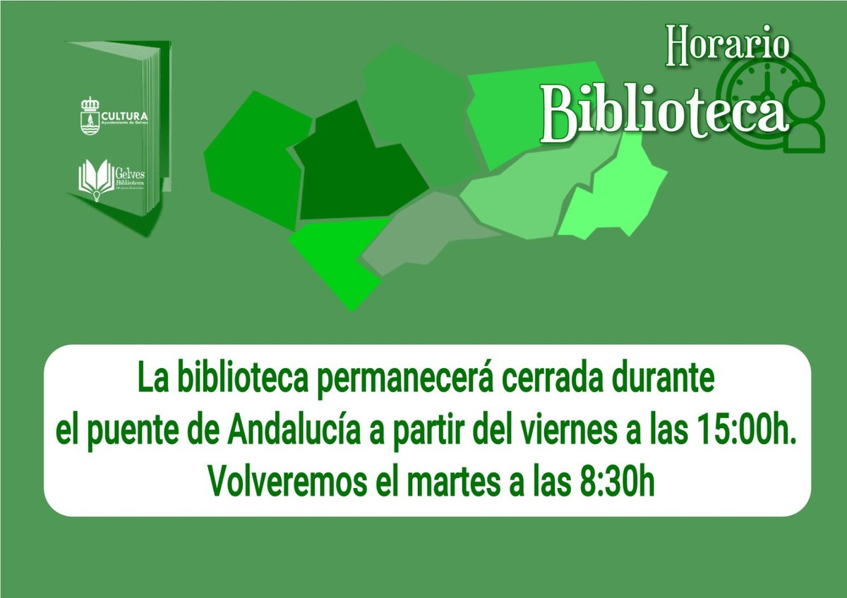 NOTA INFORMATIVA.-
La biblioteca municipal permanecerá cerrada  desde  hoy viernes 25 de Febrero a partir de las 15.00 horas.
Nos volvemos a ver el martes a las 8.30 en horario habitual.
Gracias y feliz puente de Andalucía.
#bibliogelves #bibliotecagelves #ayuntamientodegelves
