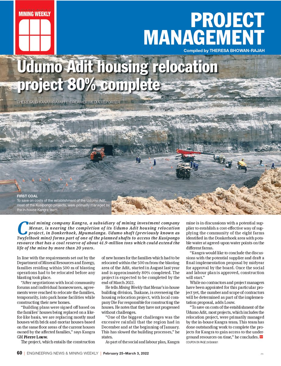 KangraCoal's tweet photo. #kangra’s #udumoadit housing relocation project 80% complete, @MiningWeekly. The project is expected to be completed by the end of March 2022. “Building plans were signed off based on the families’ houses being replaced on a like-for-like basis,” states #kangra GM Pierre Louw. https://t.co/hDRBynv8xj