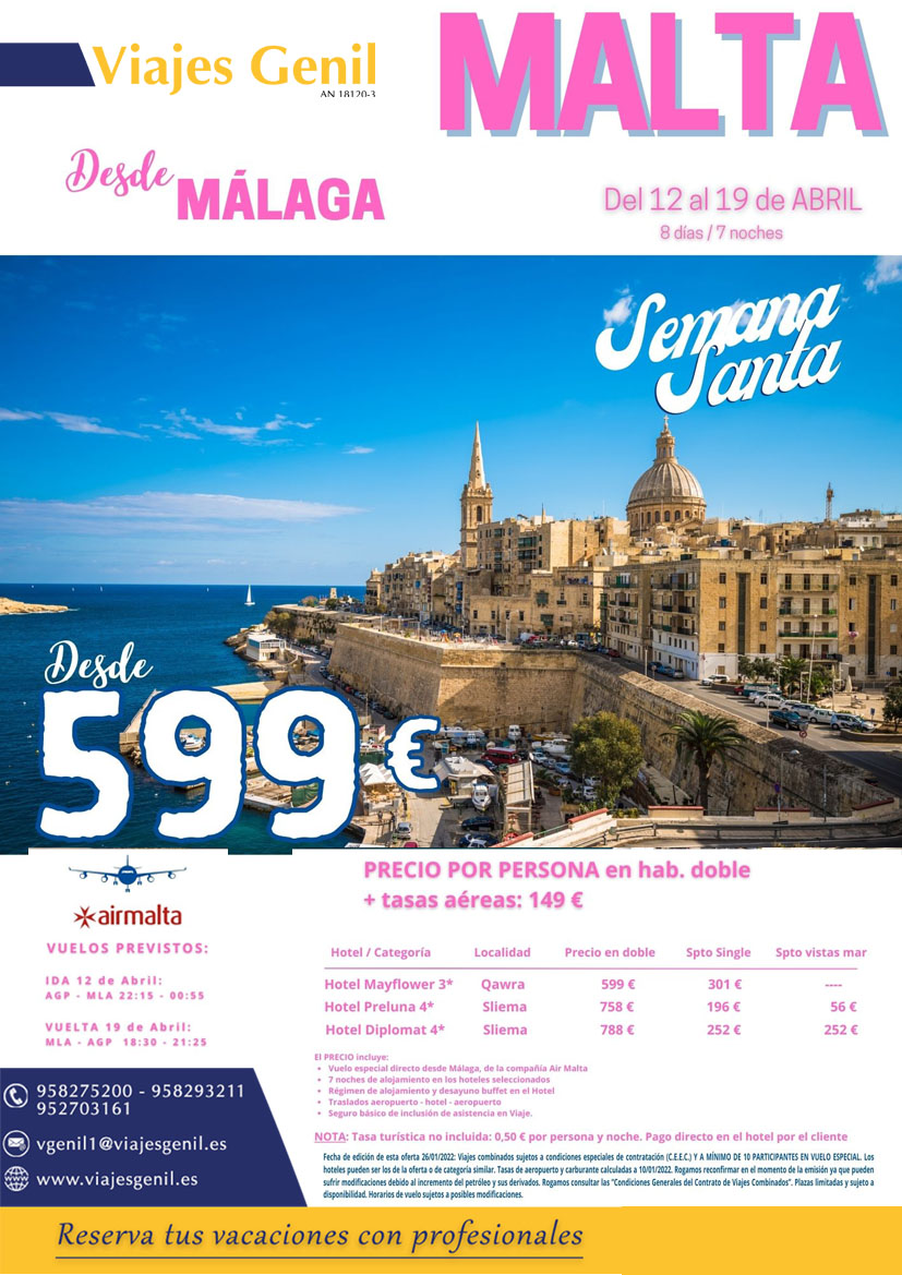 ViajesGenil's tweet photo. 🤔¿Haciendo planes para la Semana Santa?💡 ... Echa primero un vistazo 👀 a estas ofertas y llámanos porque tenemos muchas más 🏃‍♀️🏃

☎️958275200-952703161

#SemanaSanta #SemanaSanta2022 #viajesgenil #ofertasdeviaje https://t.co/8IYiLZV3Ic