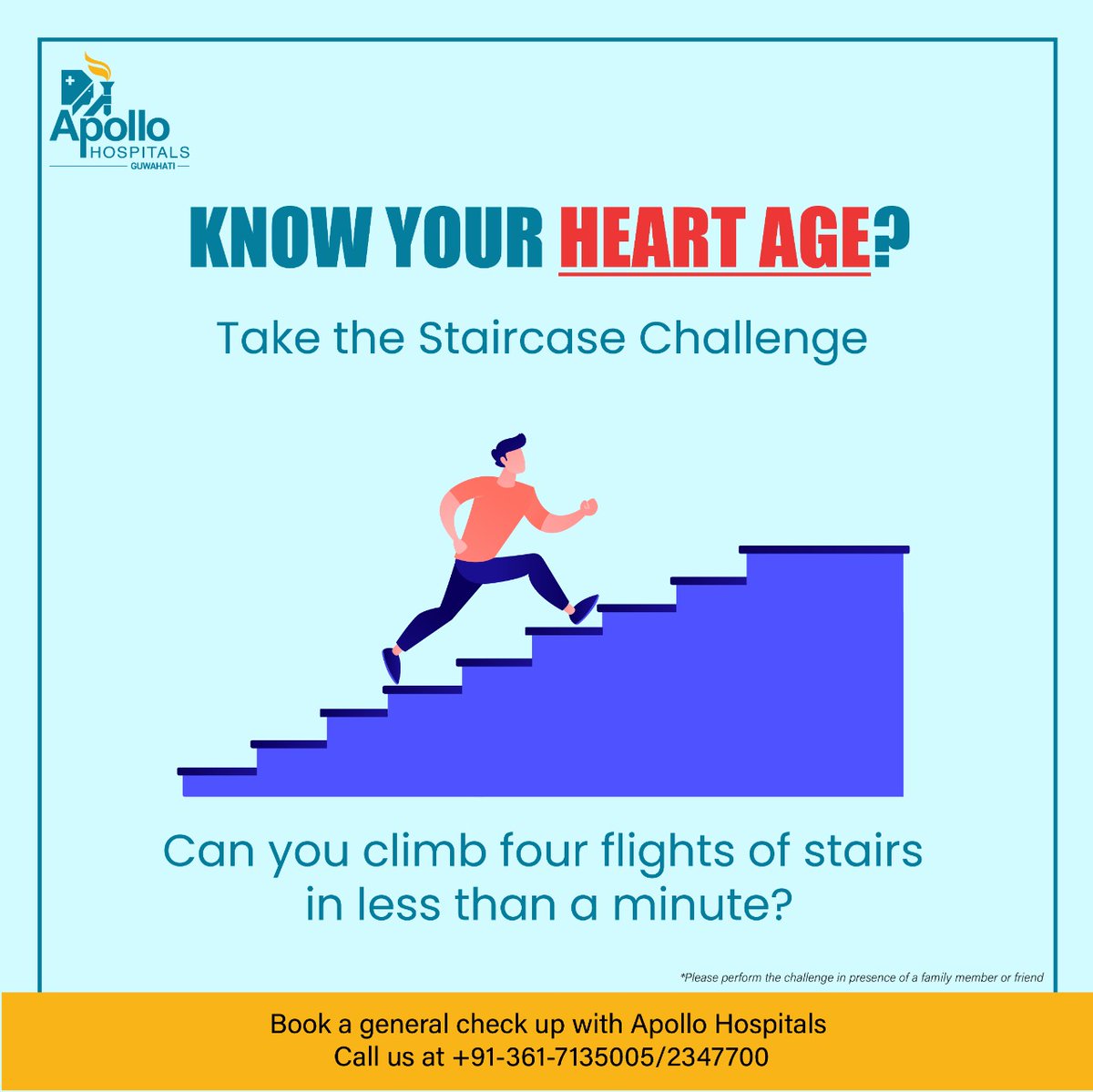 ApolloGuwahati's tweet image. Did you know your heart has an age?❤️

Heart age is a way to understand your heart risk. Lack of physical activity in addition to others is a major cause of heart risks. 

Take this challenge and know your heart age. 

#heartage #heartrisks #apollohospitalsguwahati